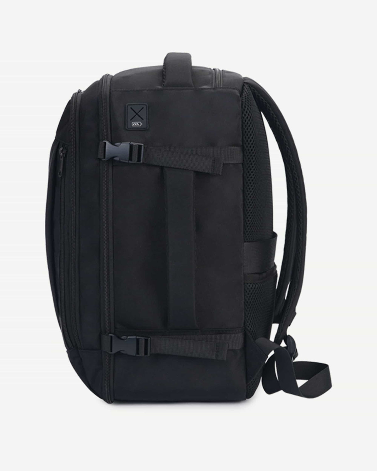 Black carry-on travel backpack rear view