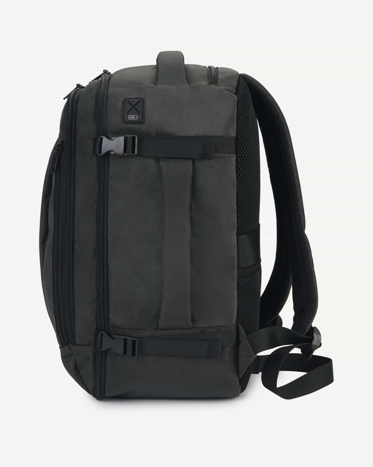 Dark gray carry-on travel backpack open with packed interior