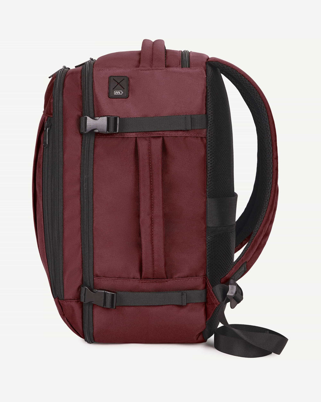 Red carry-on travel backpack angled view