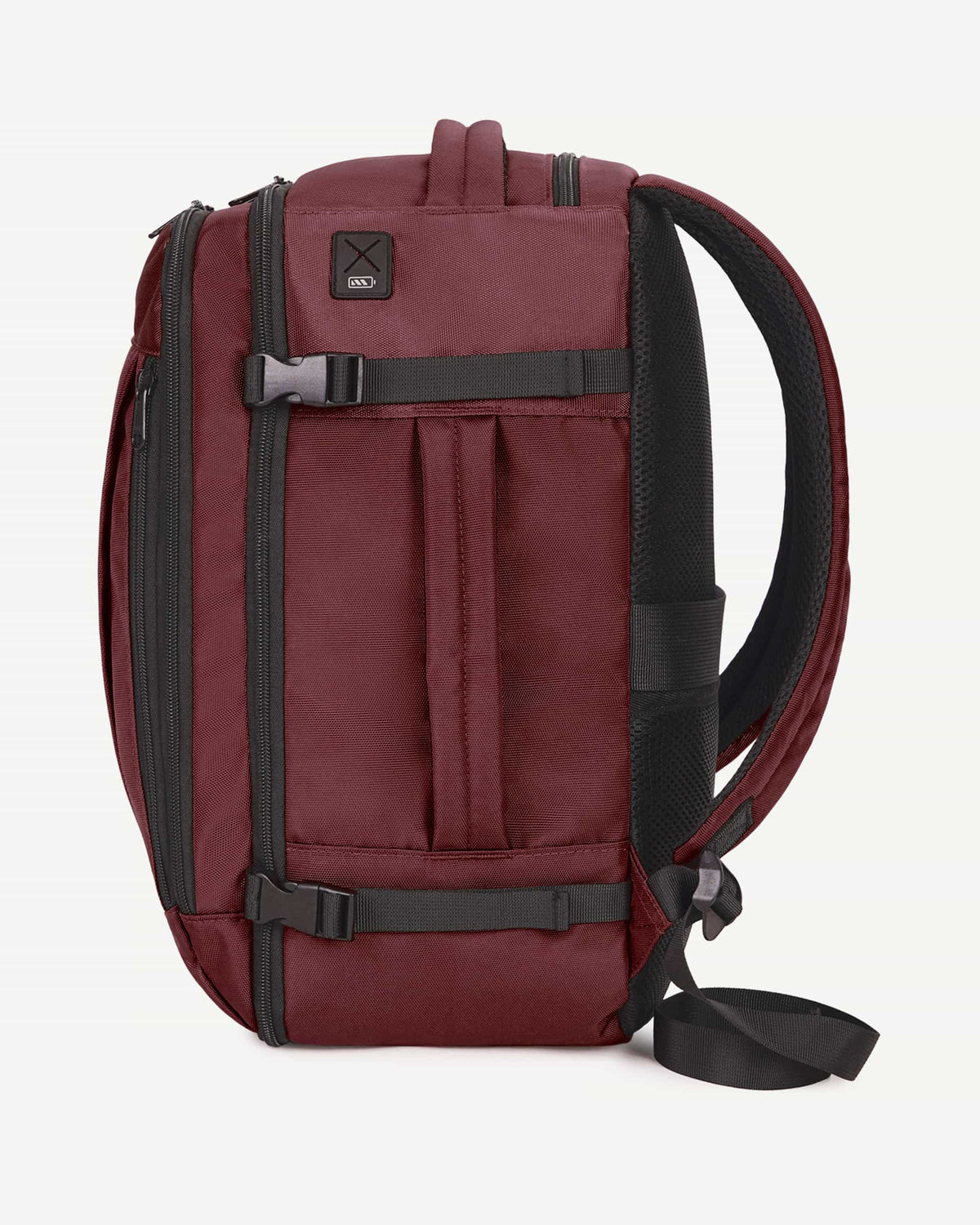 Red carry-on travel backpack angled view