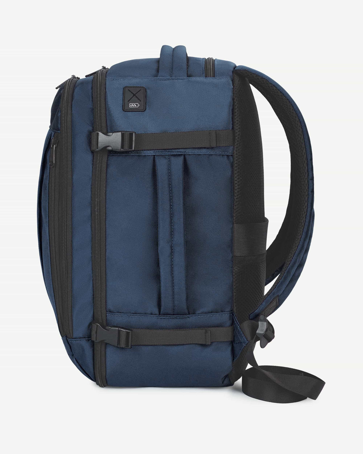 Dark blue carry-on travel backpack open with packed interior