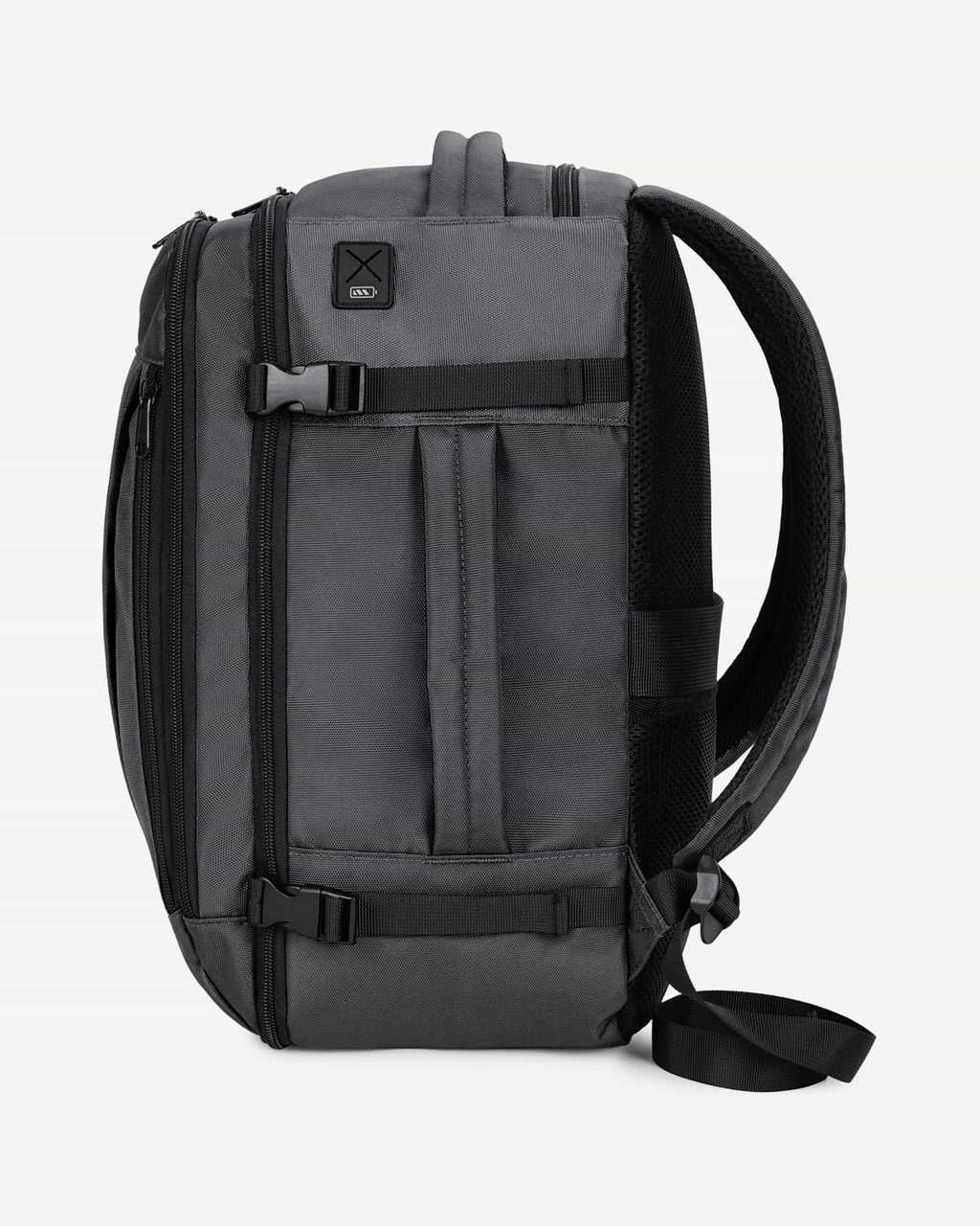 Light gray carry-on travel backpack rear view