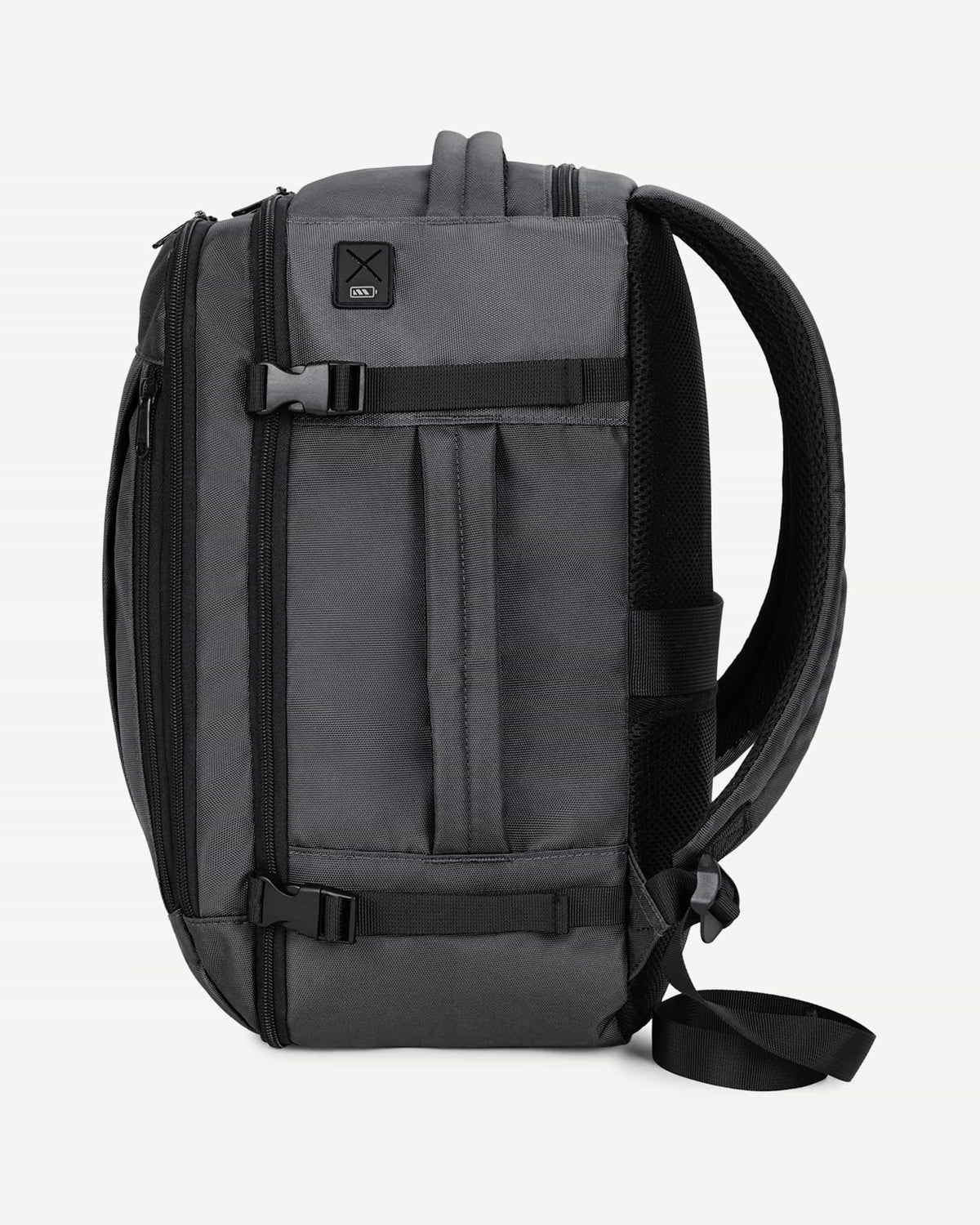 Light gray carry-on travel backpack rear view
