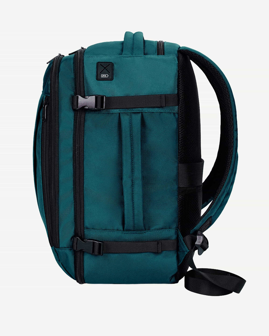 Blue green carry-on travel backpack rear view
