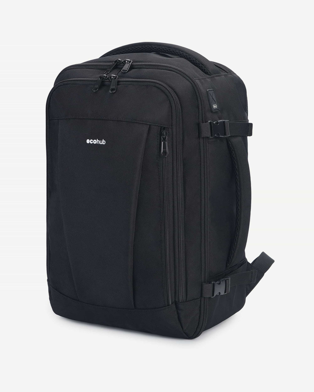 Black carry-on travel backpack angled view