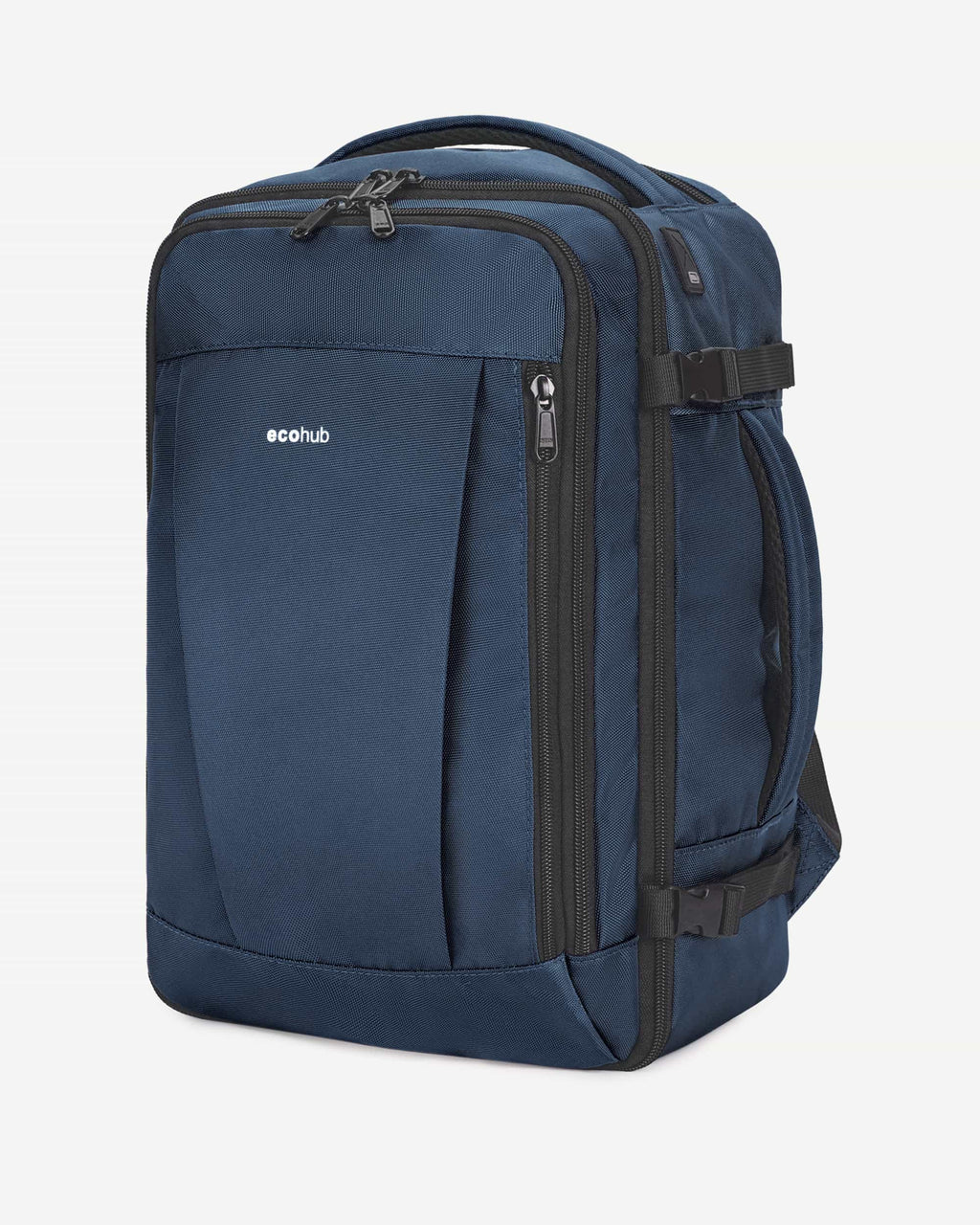 Dark blue carry-on travel backpack rear view