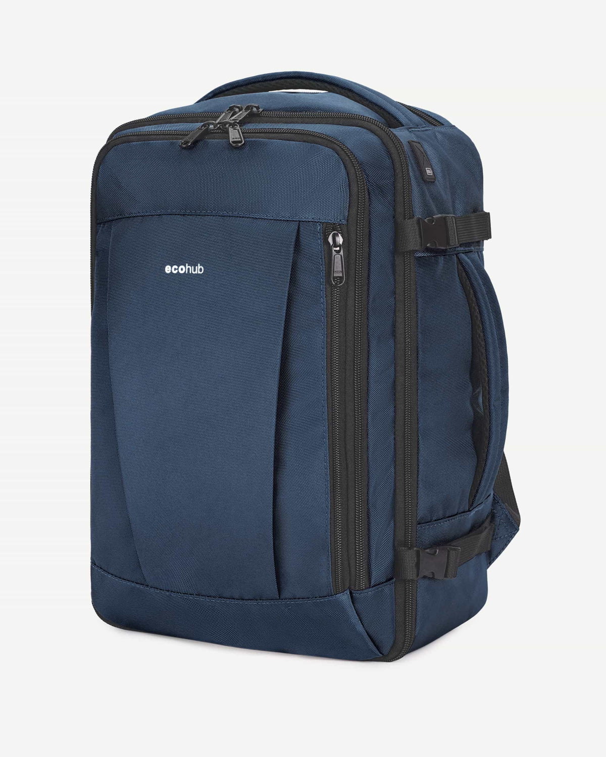 Dark blue carry-on travel backpack rear view