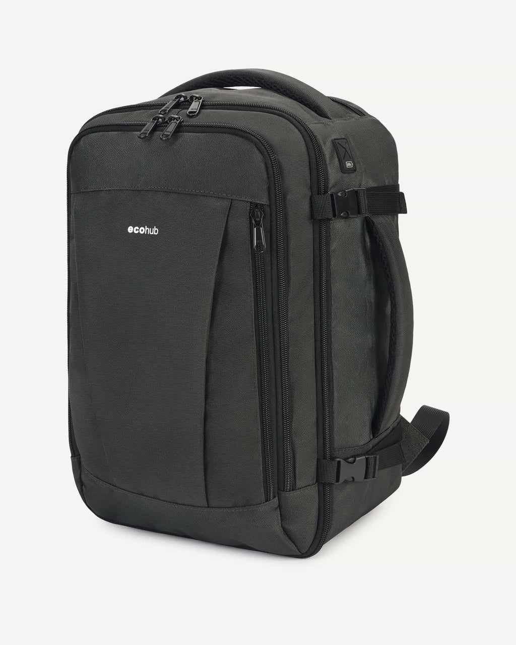 Dark gray carry-on travel backpack angled view