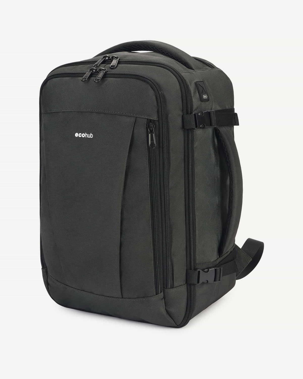 Dark gray carry-on travel backpack angled view