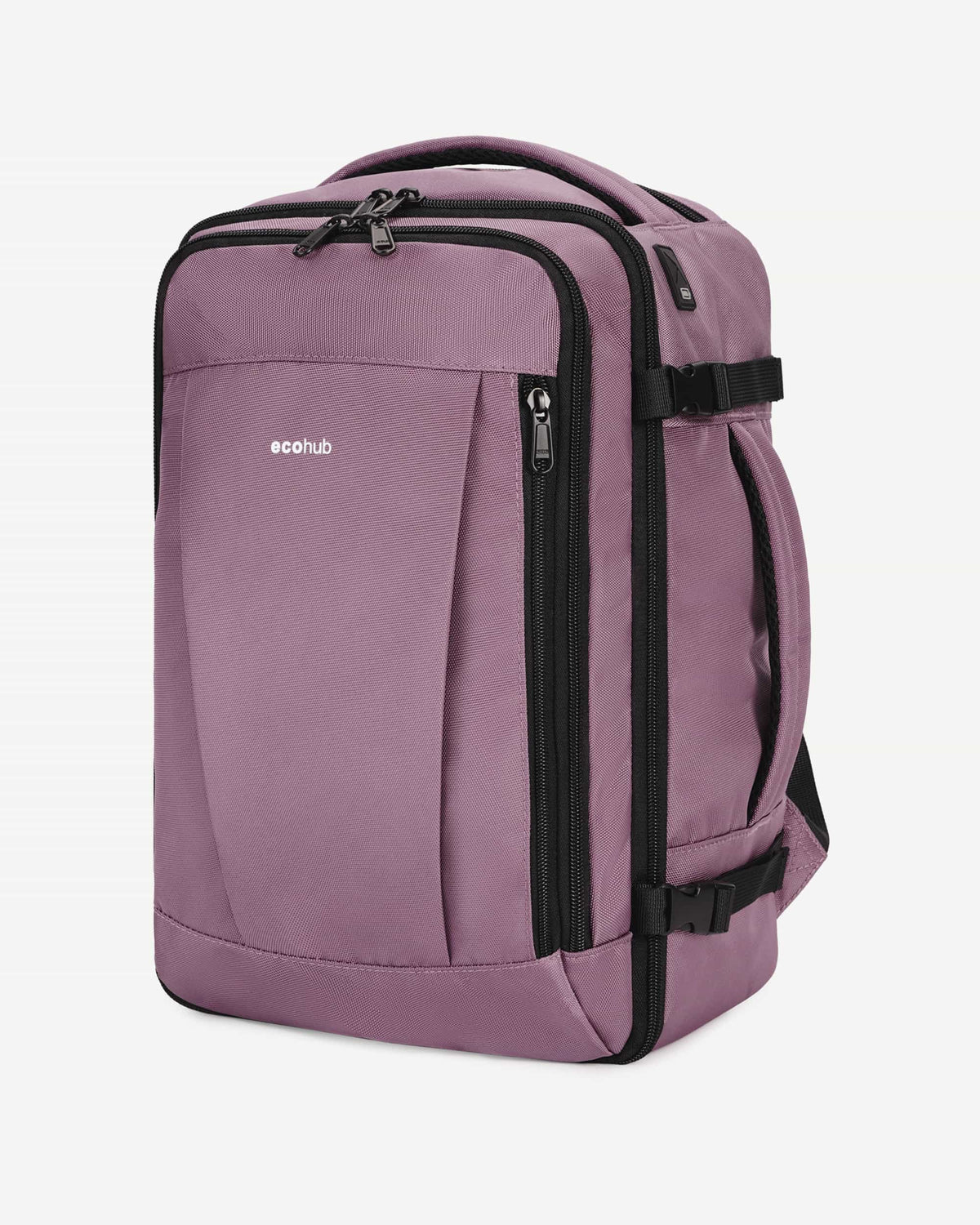 Pink carry-on travel backpack angled view
