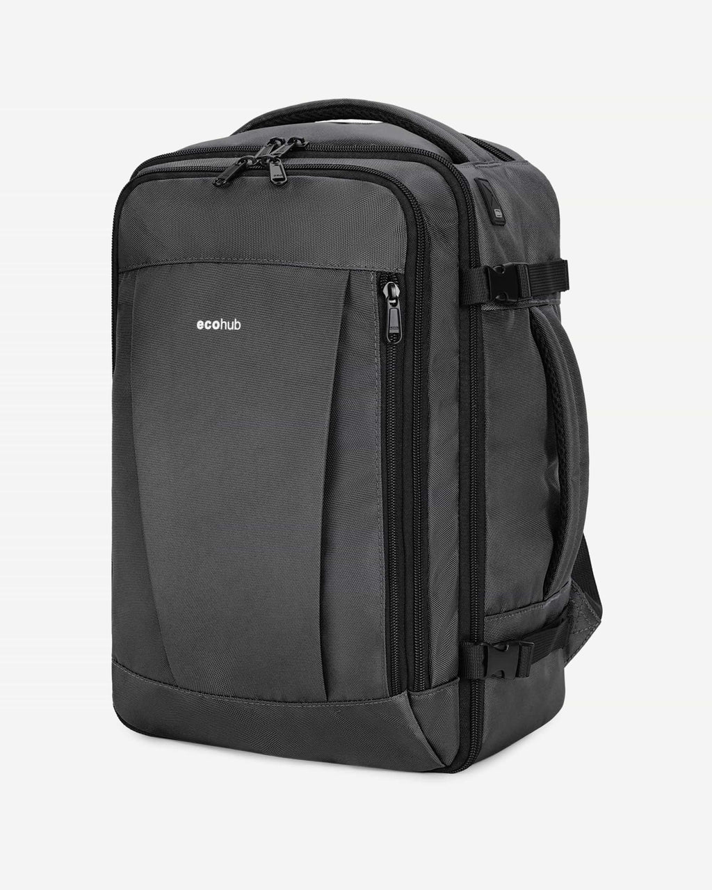 Light gray carry-on travel backpack angled view