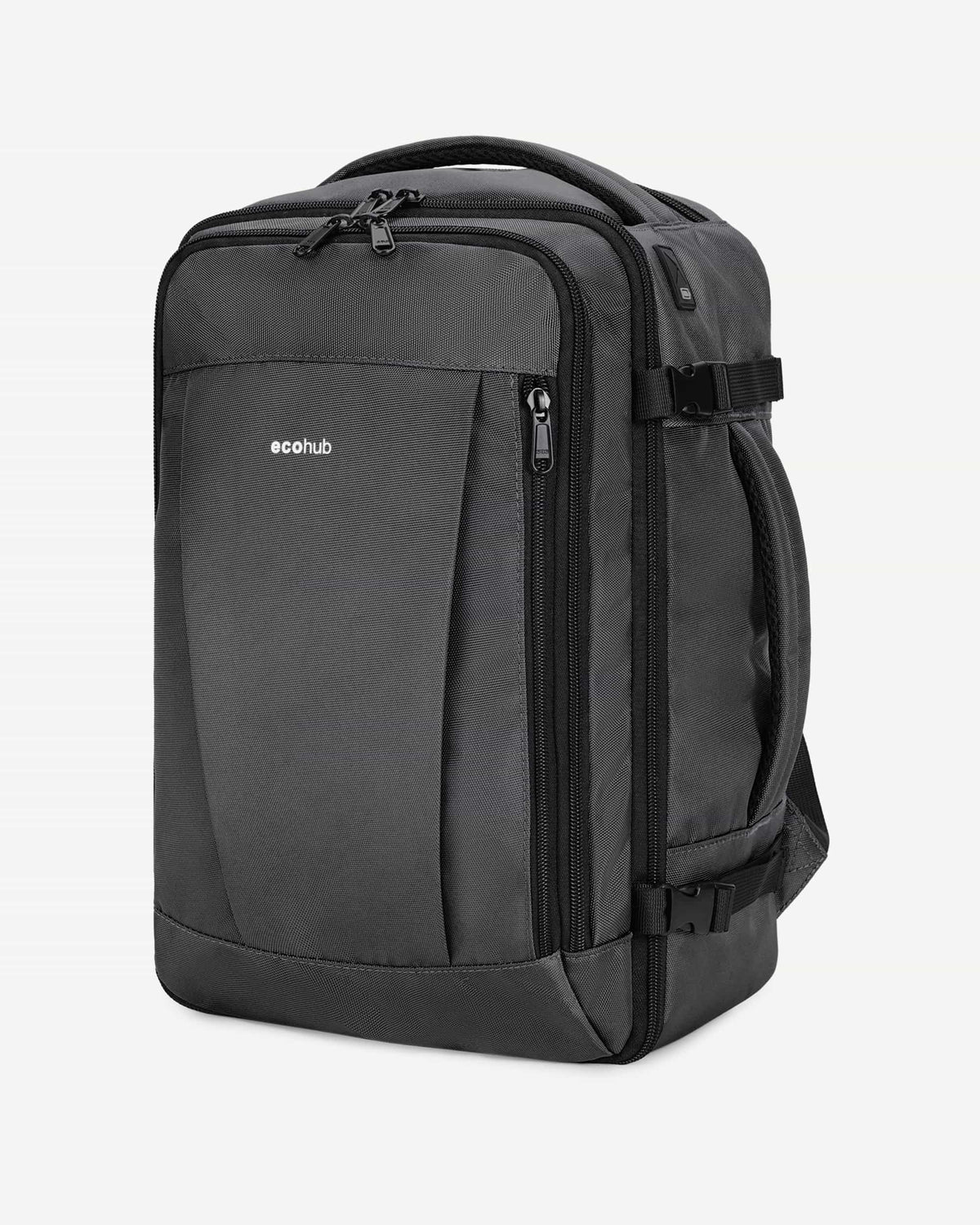 Light gray carry-on travel backpack angled view