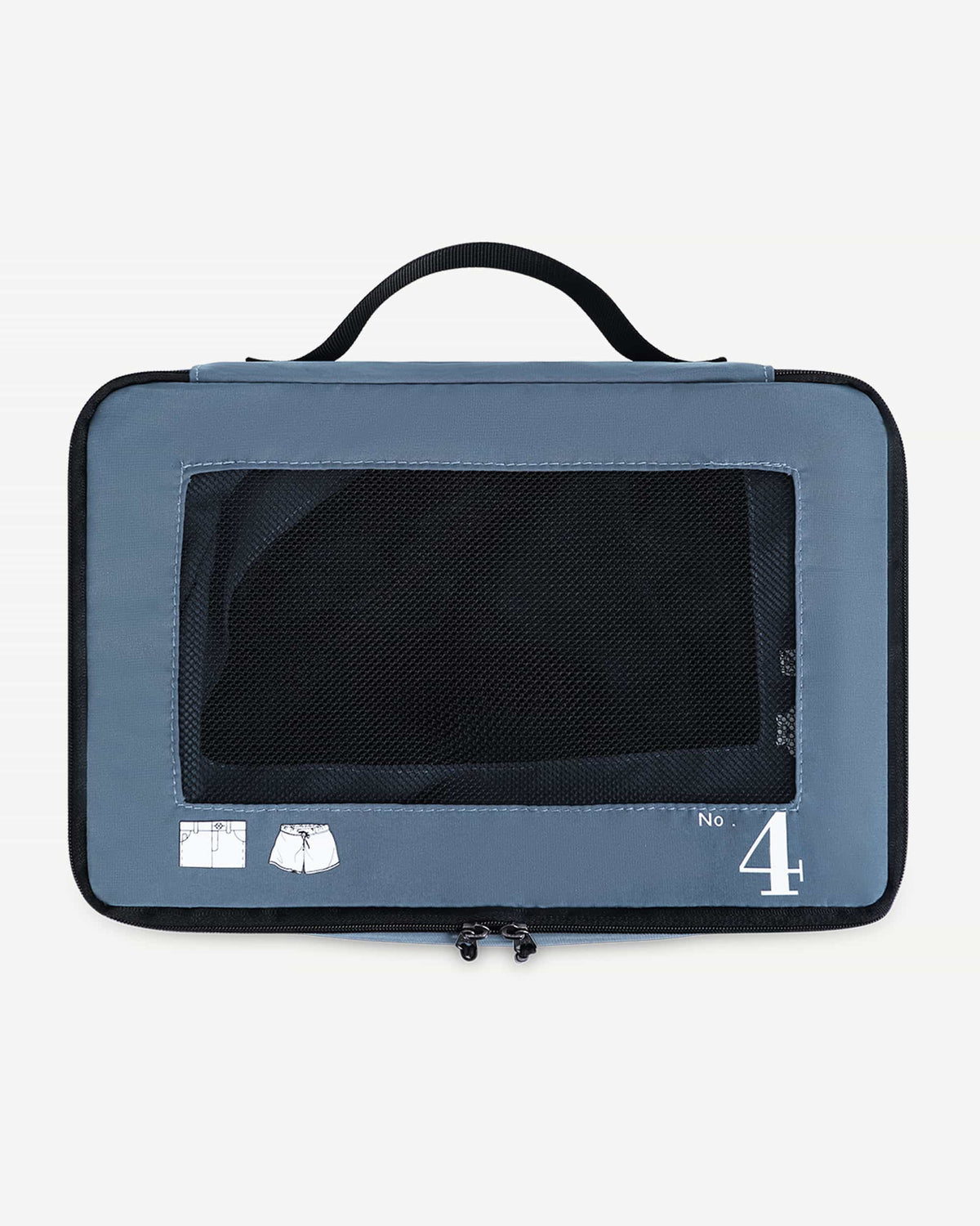 Blue packing cubes shown being packed for a trip