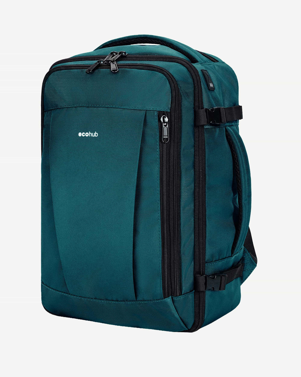 Blue green carry-on travel backpack angled view