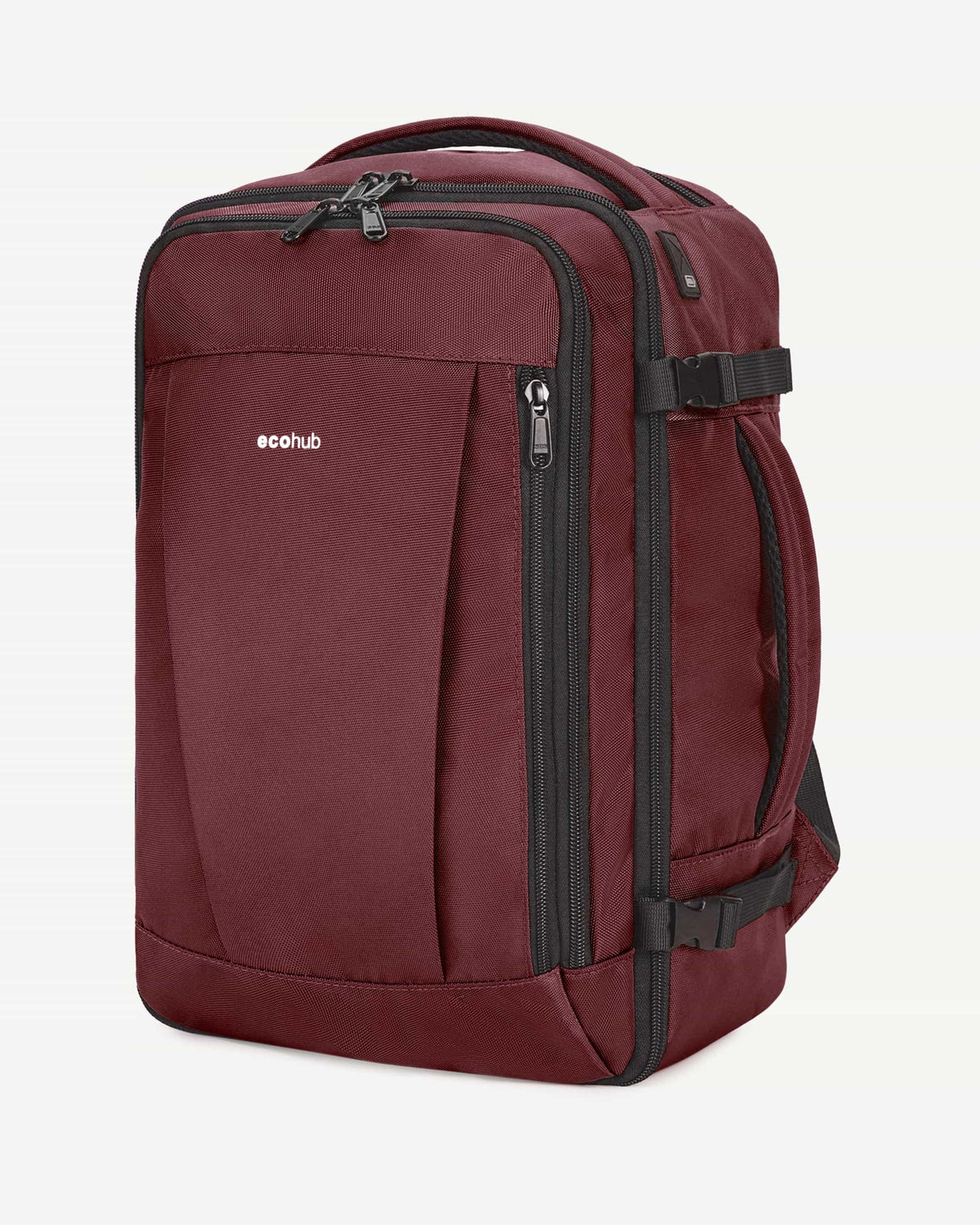 Red carry-on travel backpack rear view