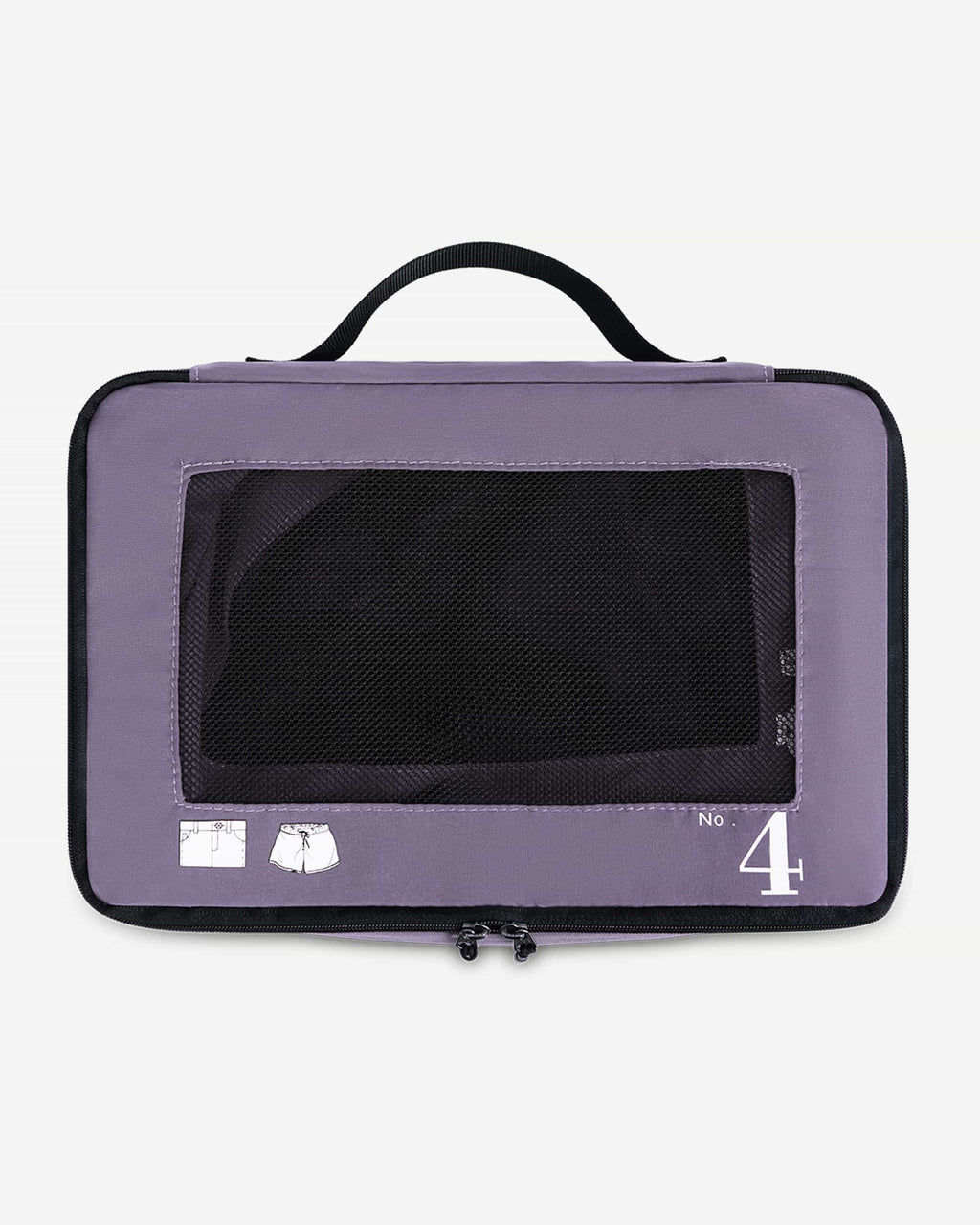 Purple packing cubes shown being packed for a trip