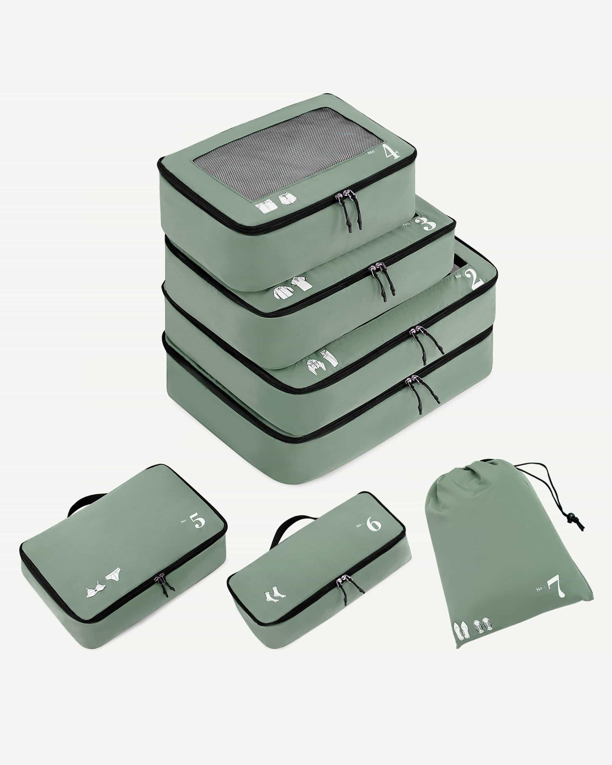 Sage Green packing cube with mesh top and numbered icon