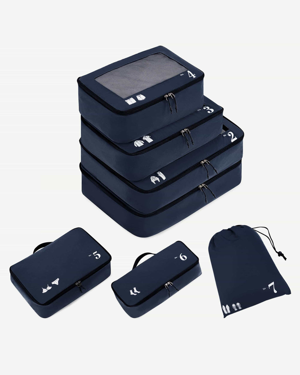 Dark Blue packing cube with mesh top and numbered icon