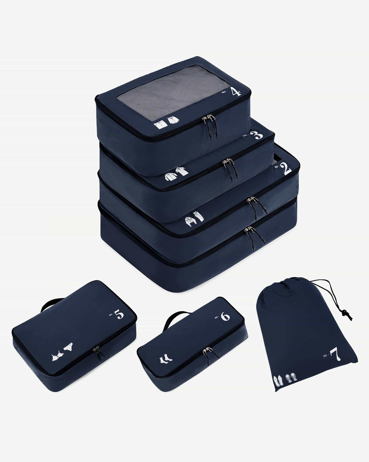 Dark Blue packing cube with mesh top and numbered icon