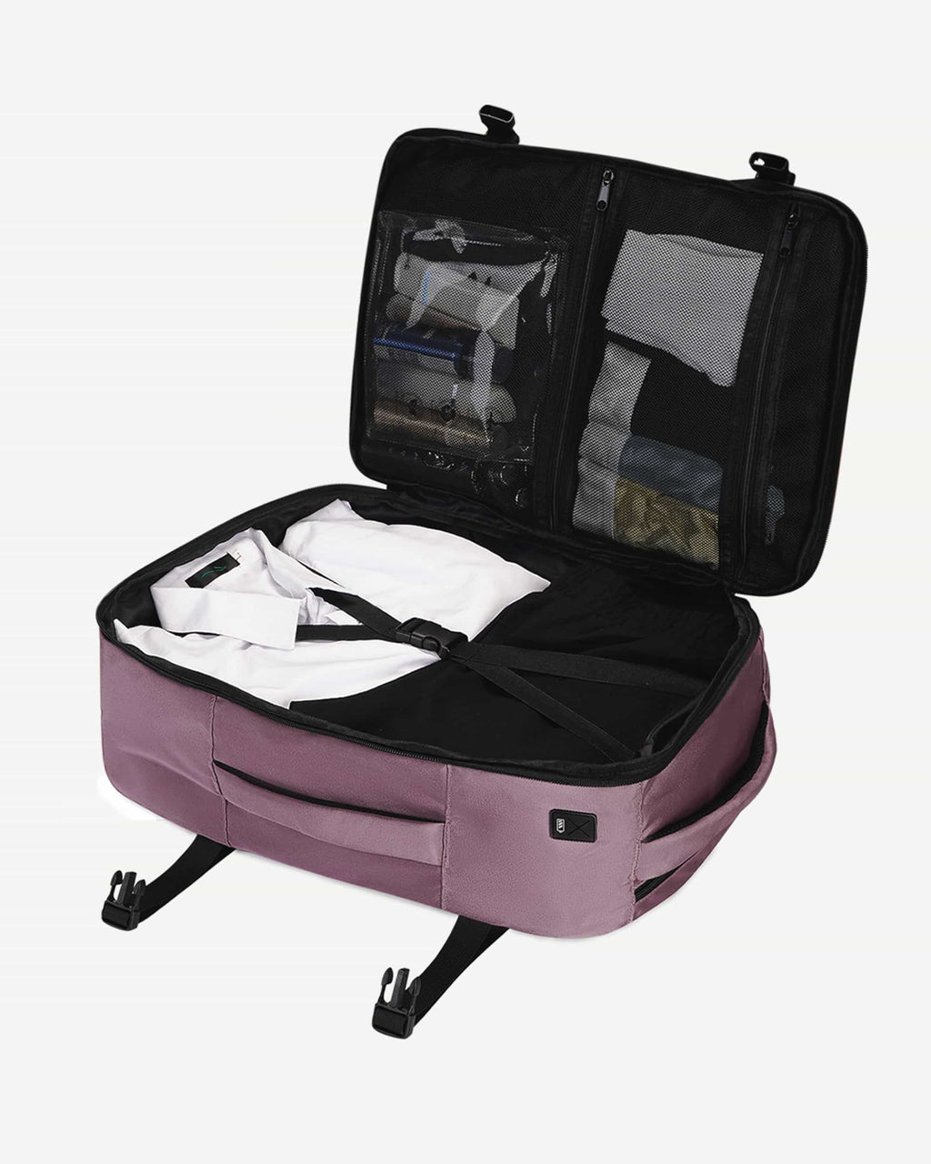 Pink carry-on travel backpack open with packed interior
