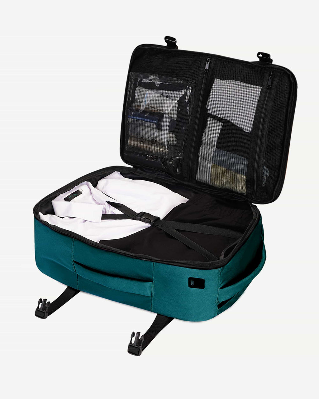 Blue green carry-on travel backpack open with packed interior