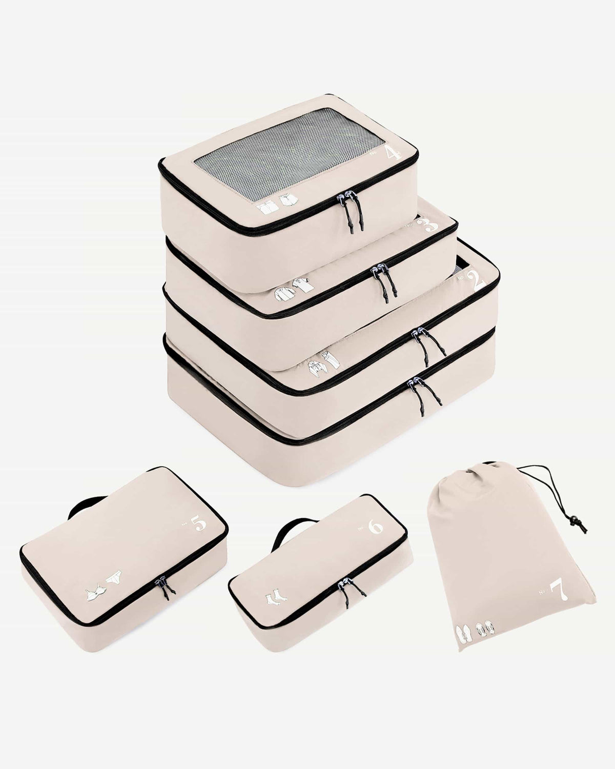 Beige packing cube with mesh top and numbered icon
