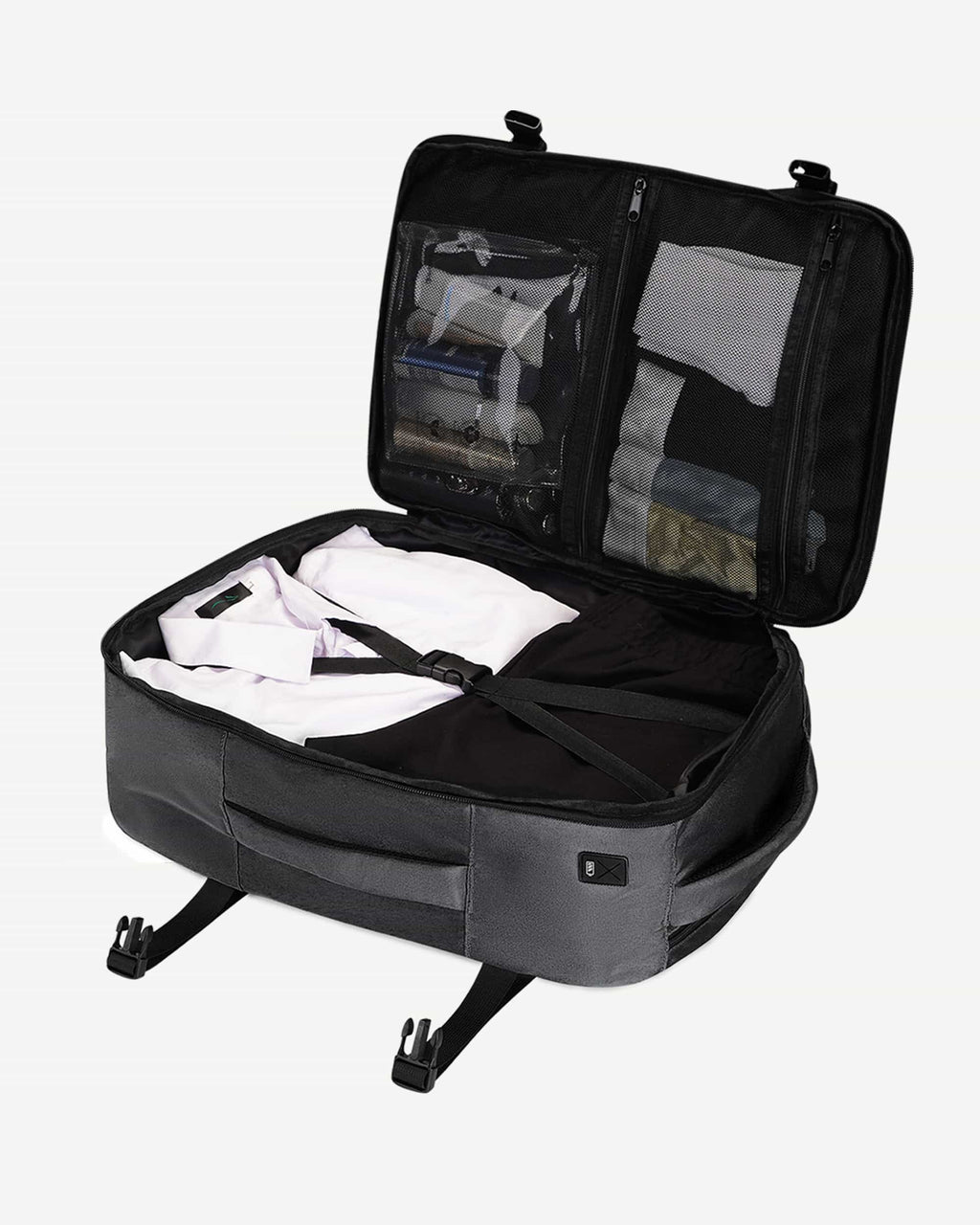 Light gray carry-on travel backpack open with packed interior