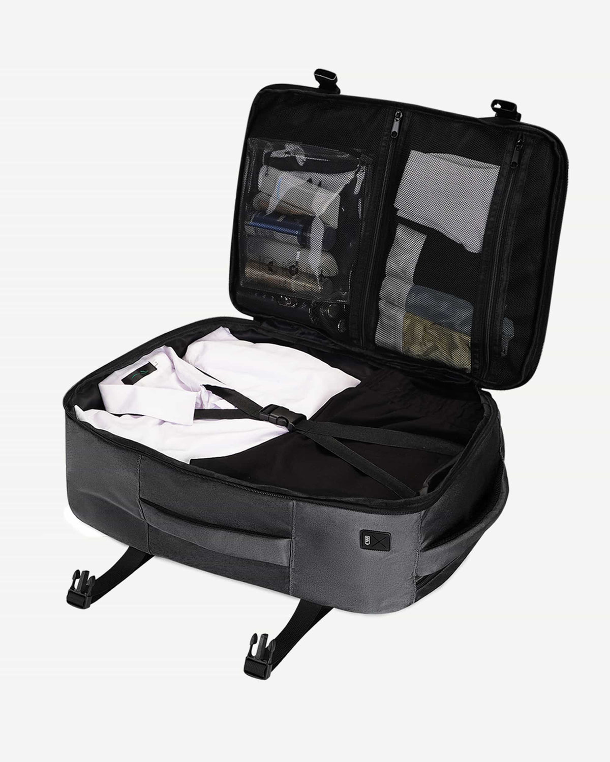 Light gray carry-on travel backpack open with packed interior