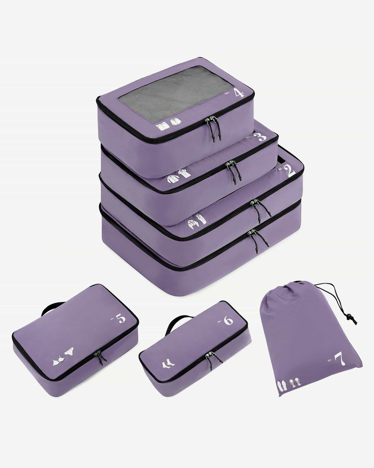 Purple packing cube with mesh top and numbered icon