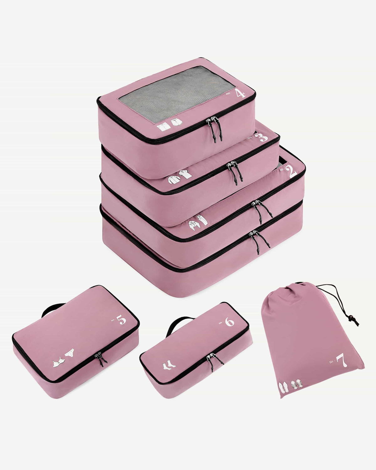Pink packing cube with mesh top and numbered icon