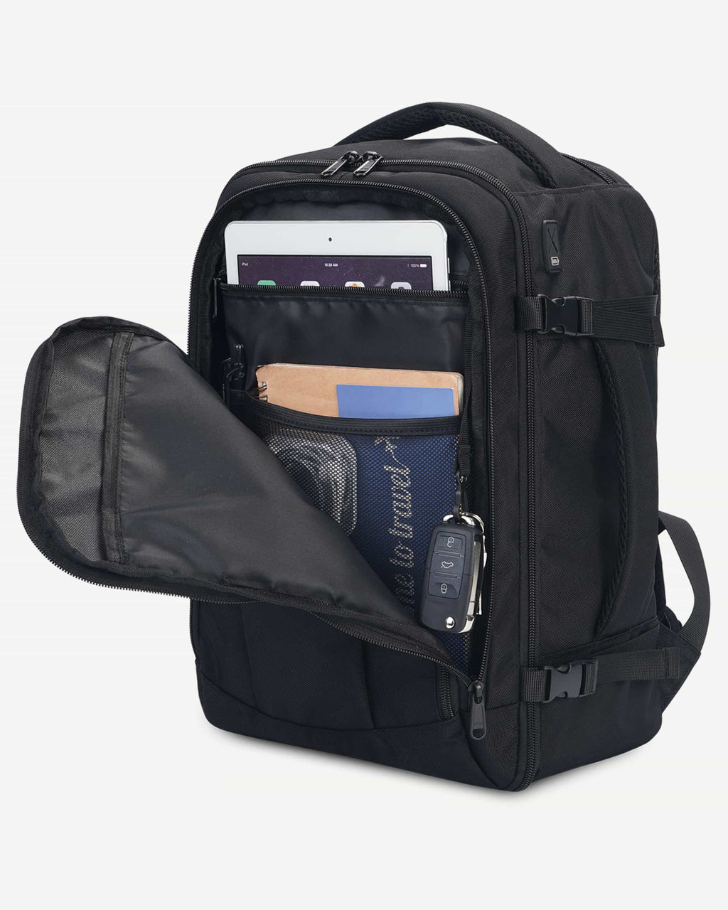 Black carry-on travel backpack organized interior view