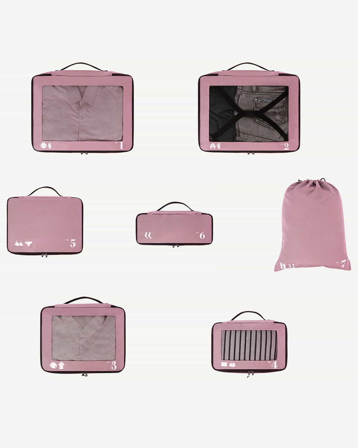 Pink packing cubes stacked for organized luggage