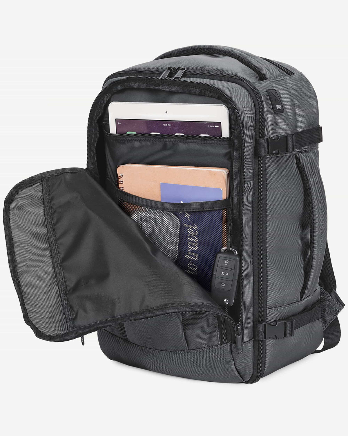 Light gray carry-on travel backpack organized interior view