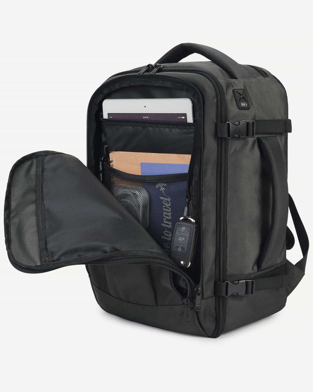 Dark gray carry-on travel backpack back panel view