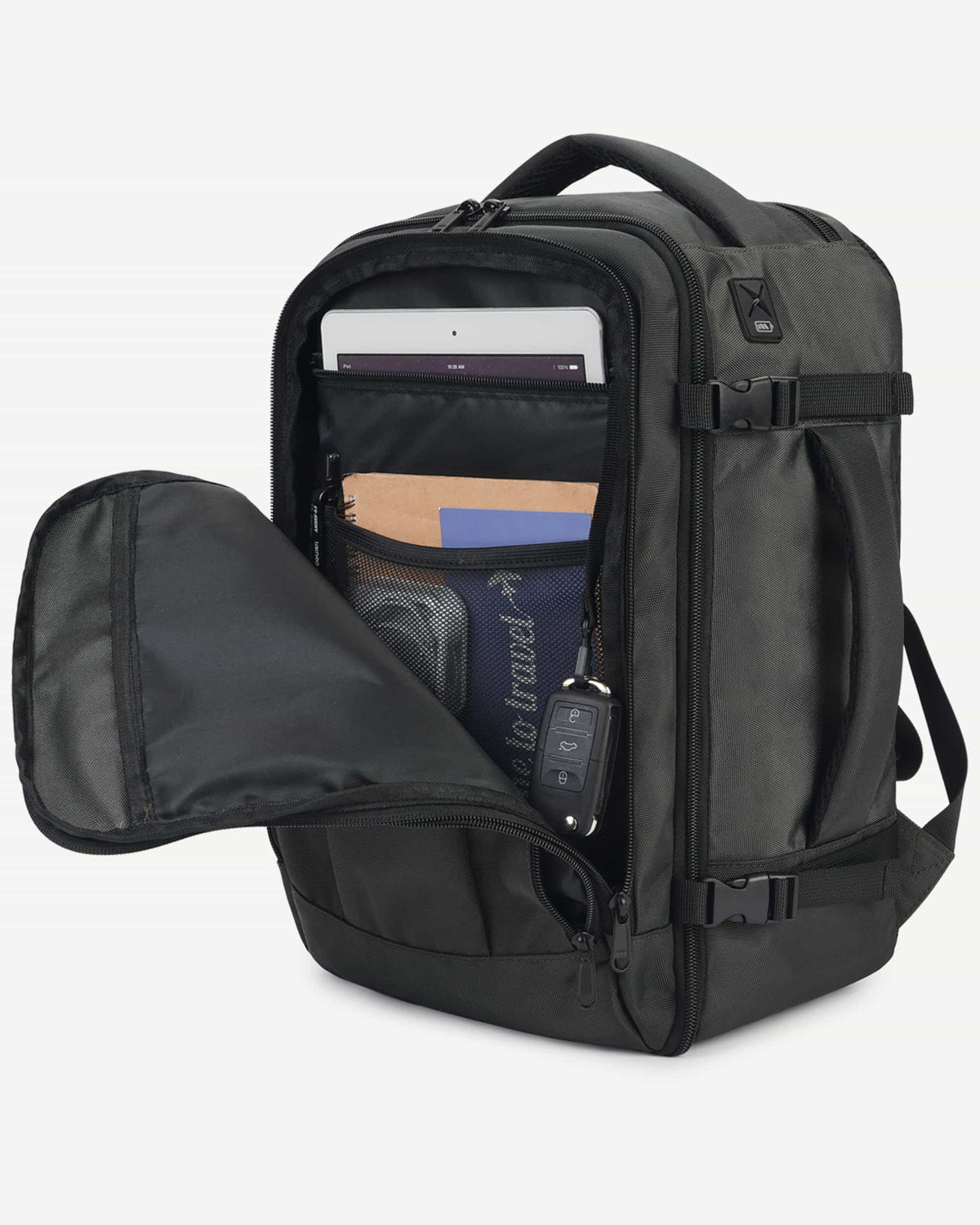 Dark gray carry-on travel backpack back panel view