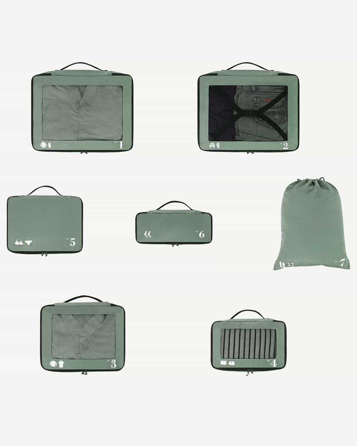 Sage Green packing cubes stacked for organized luggage