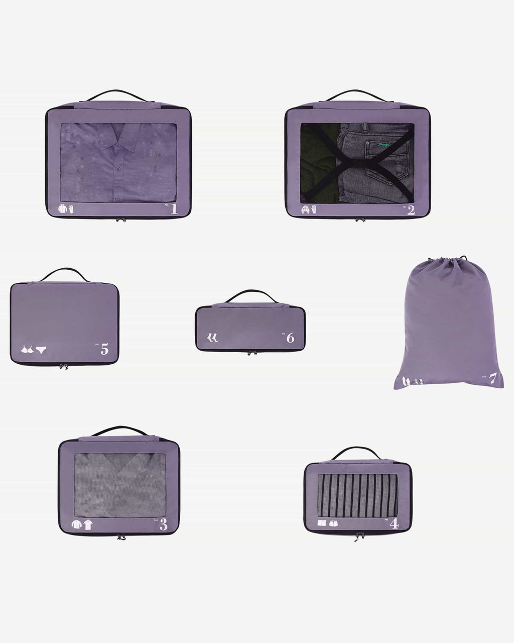 Purple packing cubes stacked for organized luggage