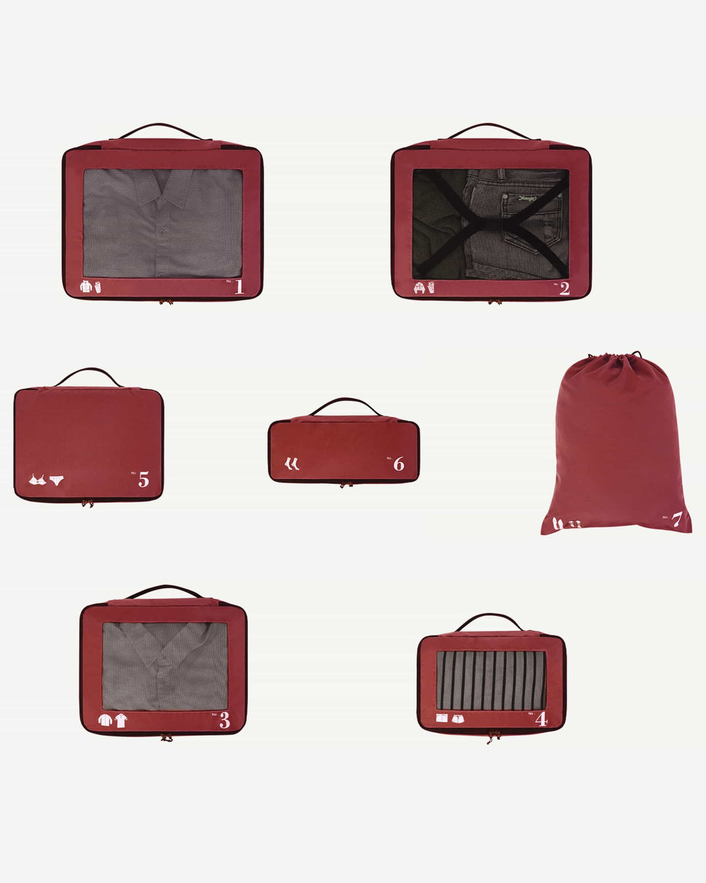 Red packing cubes stacked for organized luggage