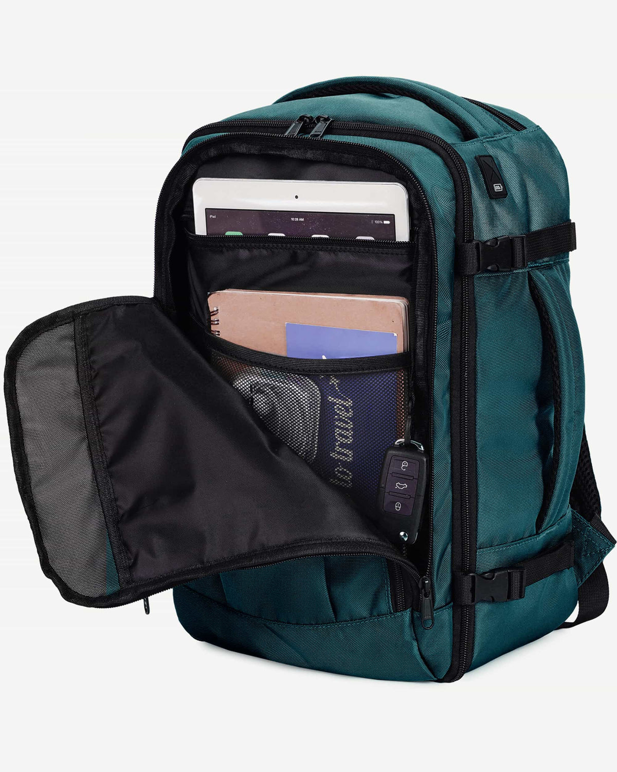 Blue green carry-on travel backpack organized interior view