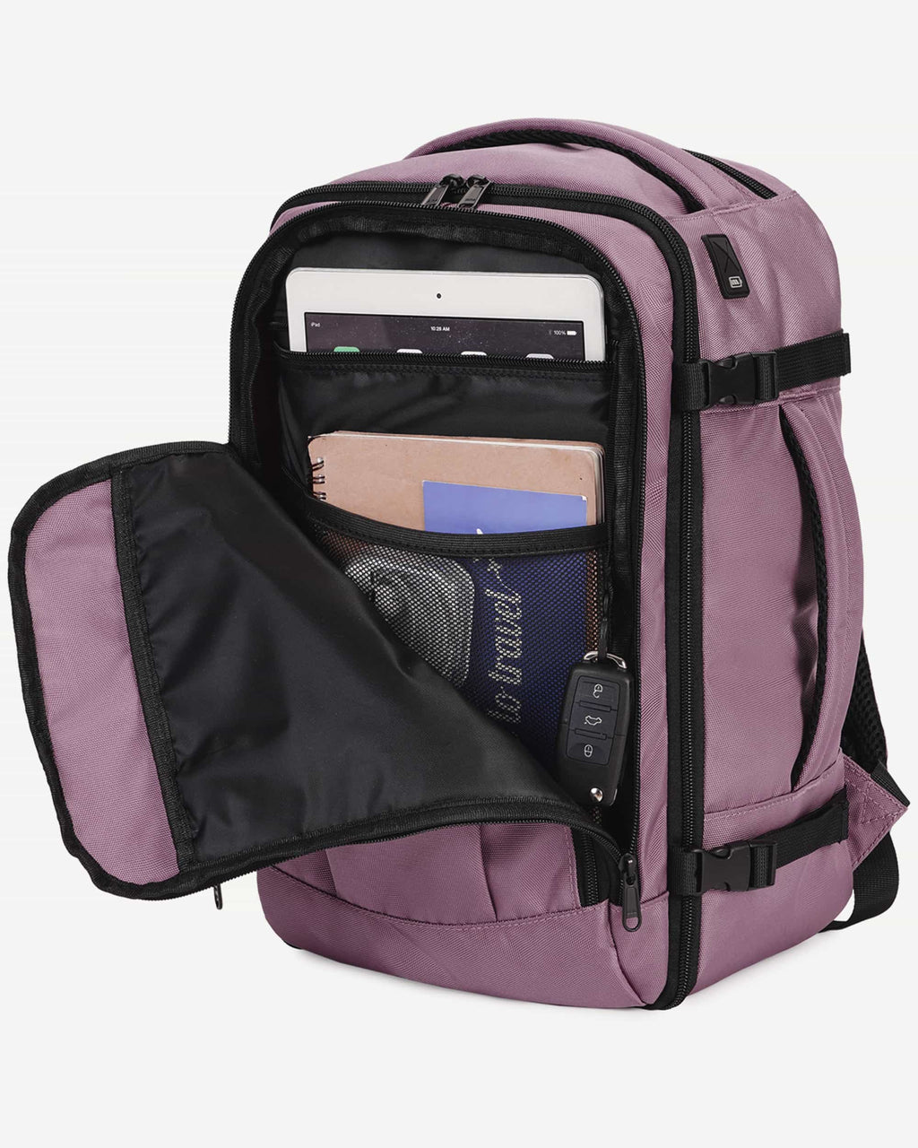 Pink carry-on travel backpack organized interior view