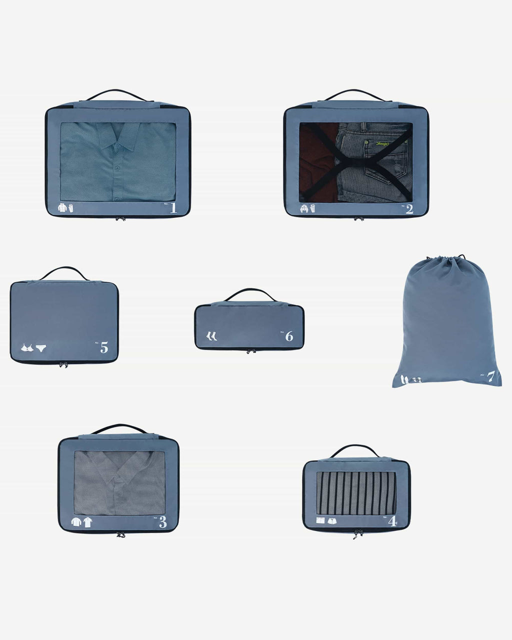 Blue packing cubes stacked for organized luggage
