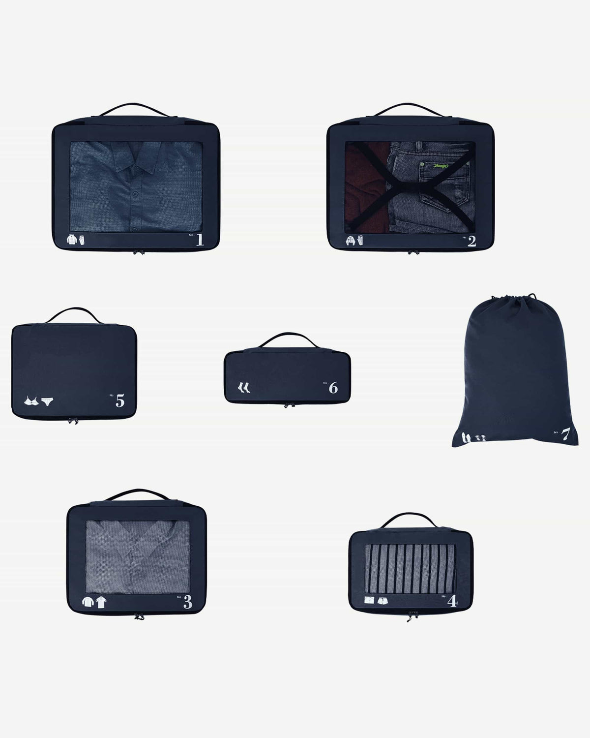 Dark Blue packing cubes stacked for organized luggage