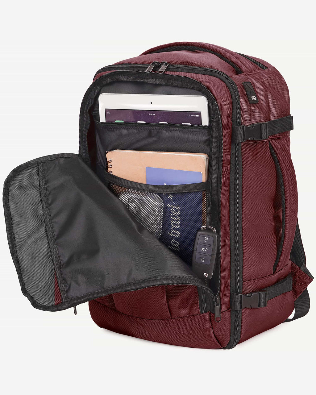Red carry-on travel backpack organized interior view