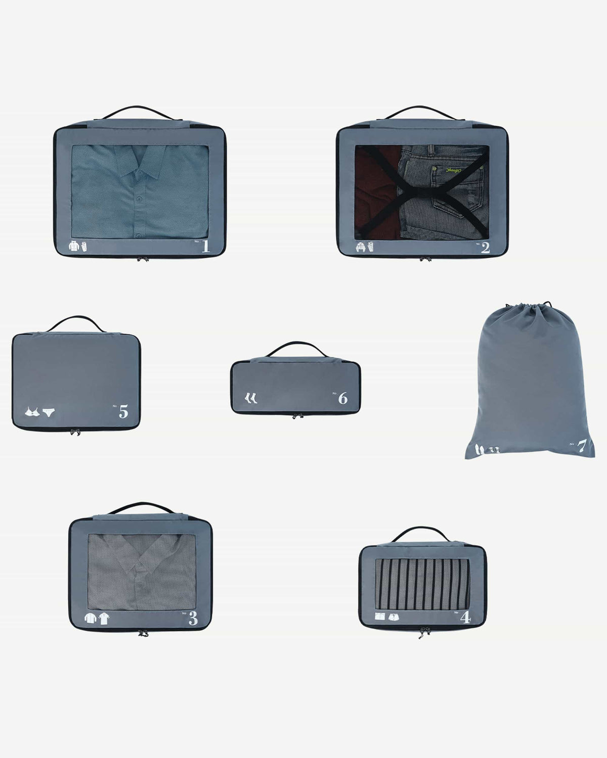 Grey packing cubes stacked for organized luggage