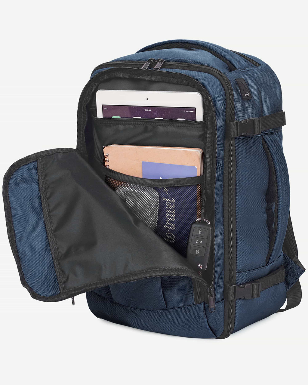 Dark blue carry-on travel backpack back panel view