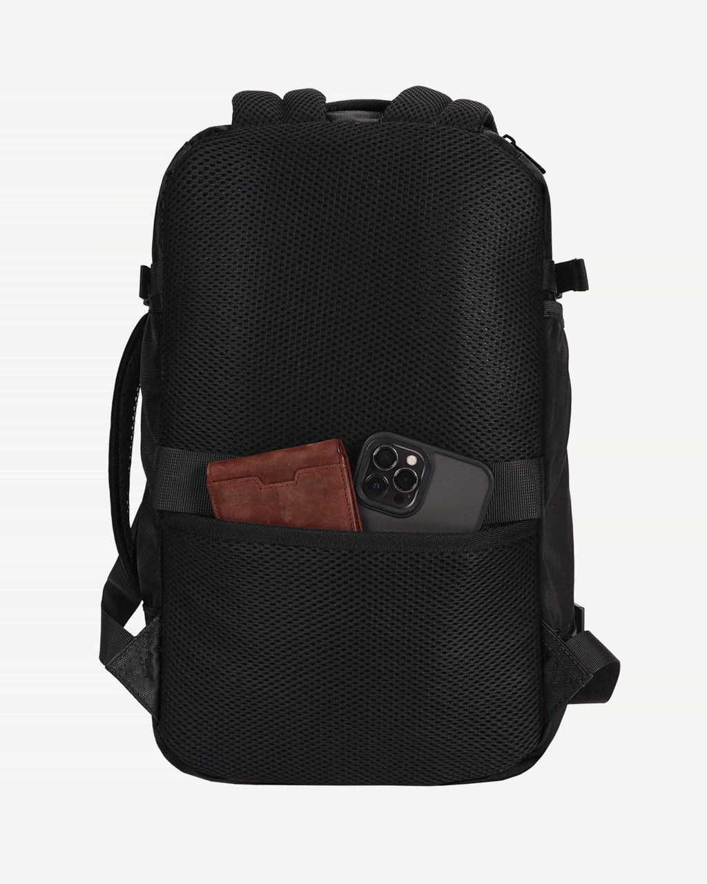 Black carry-on travel backpack side profile