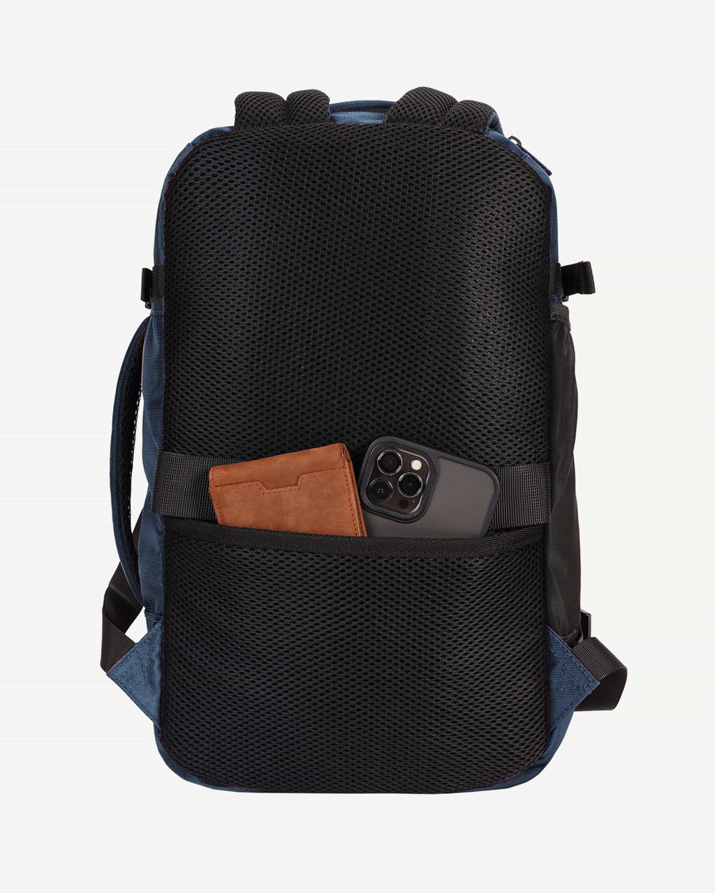 Dark blue carry-on travel backpack side profile