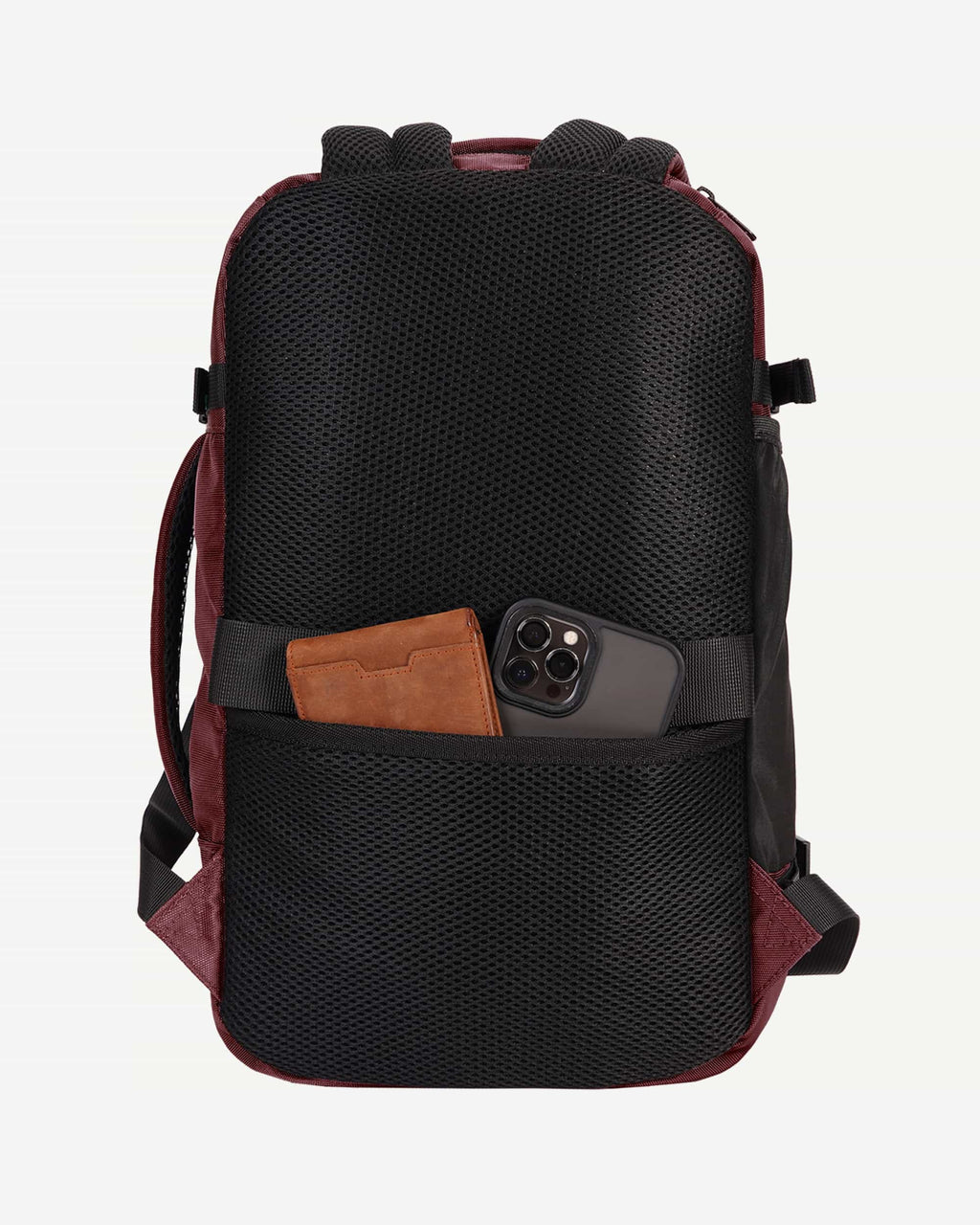 Red carry-on travel backpack back panel view