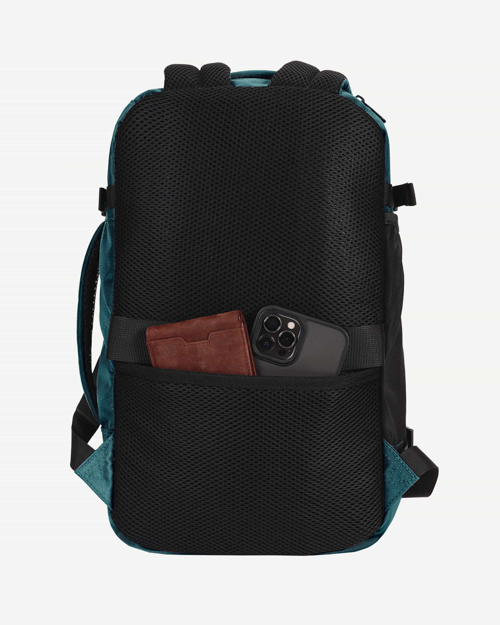 Blue green carry-on travel backpack back panel view