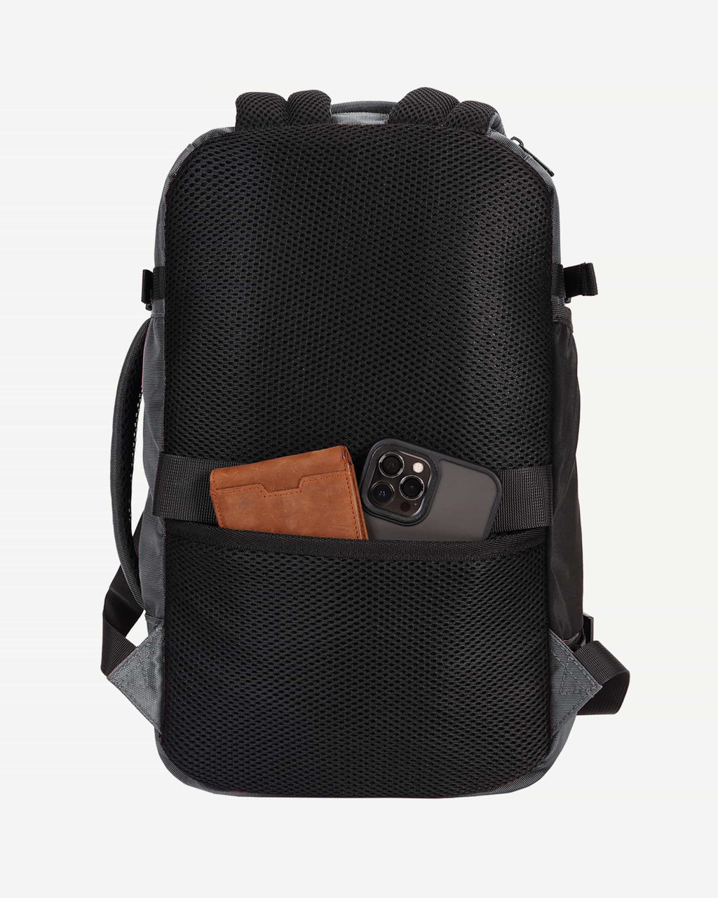 Light gray carry-on travel backpack back panel view